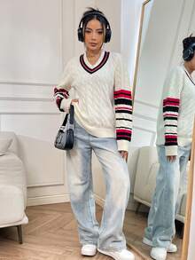 SHEIN EZwear 條紋飾邊麻花編織套頭毛衣 - 杏色 - 查看 6