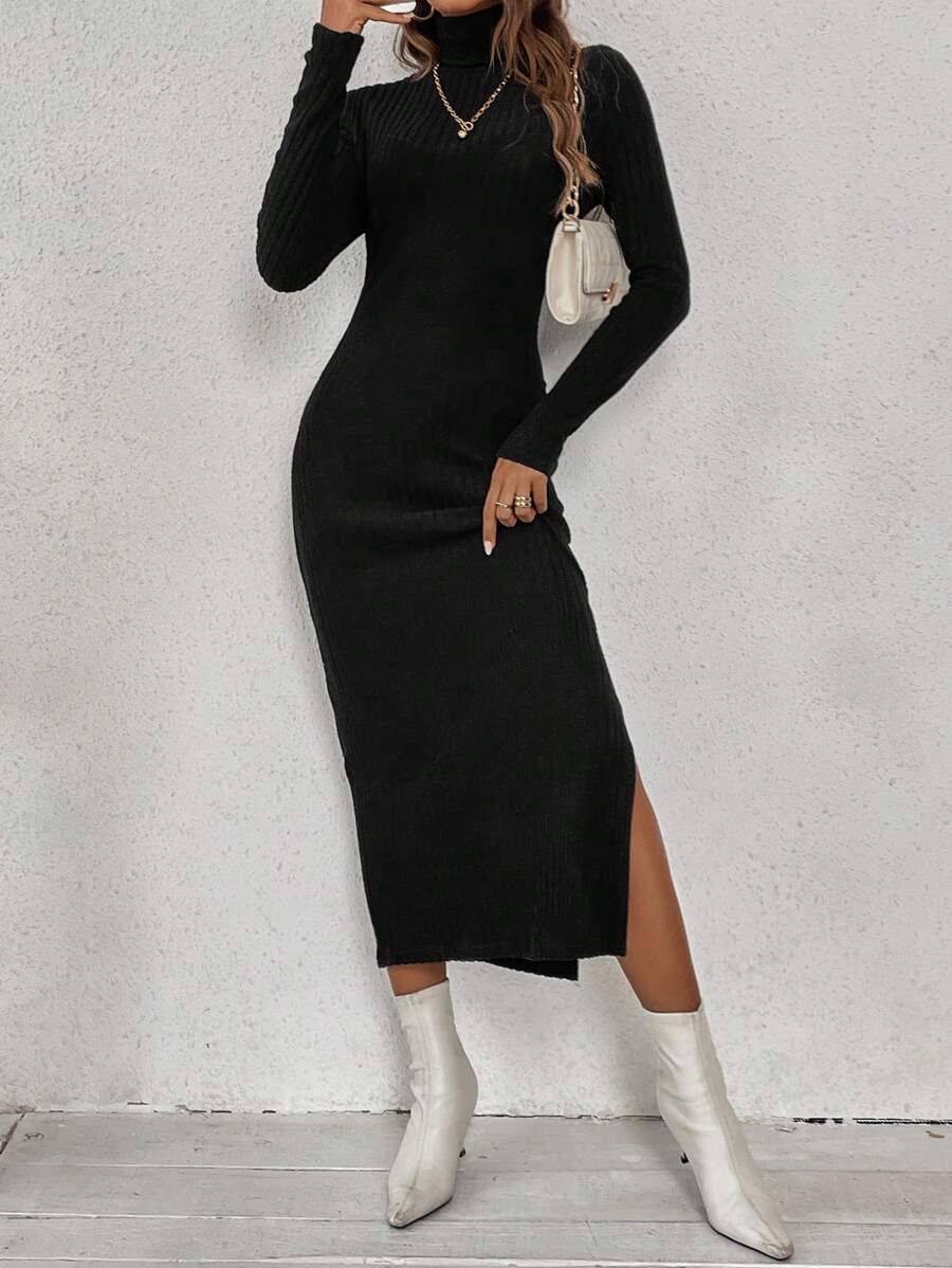 SHEIN Frenchy Áo cao cổ Tách đùi Đầm - màu đen - Xem 1