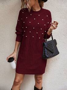 SHEIN Clasi Ngọc trai đính cườm Thả vai Đầm Áo len - Màu Đỏ Sâu - Xem 6