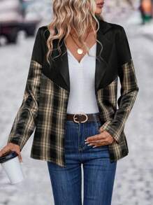 SHEIN LUNE Plaid Print Lapel Neck Blazer Fall Cloth For Women - Black - View 6