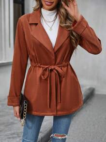 SHEIN LUNE Lapel Neck Drawstring Waist Open Front Coat Fall Cloth For Women - Rust Brown - View 4
