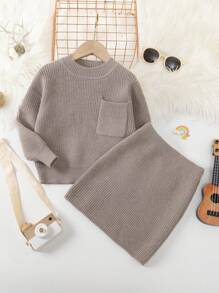 SHEIN 女小童補丁貼口袋毛衣和針織裙 - 卡其色 - 查看 1