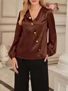 SHEIN Clasi Solid Button Front Bishop Sleeve Blouse - Coffee Brown - View 7