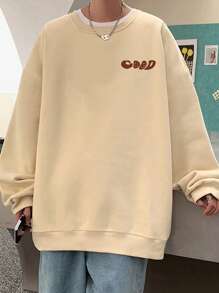 Manfinity Hypemode Loose Fit Men's Slogan & Cartoon Face Print Drop Shoulder Pullover - Apricot - View 1