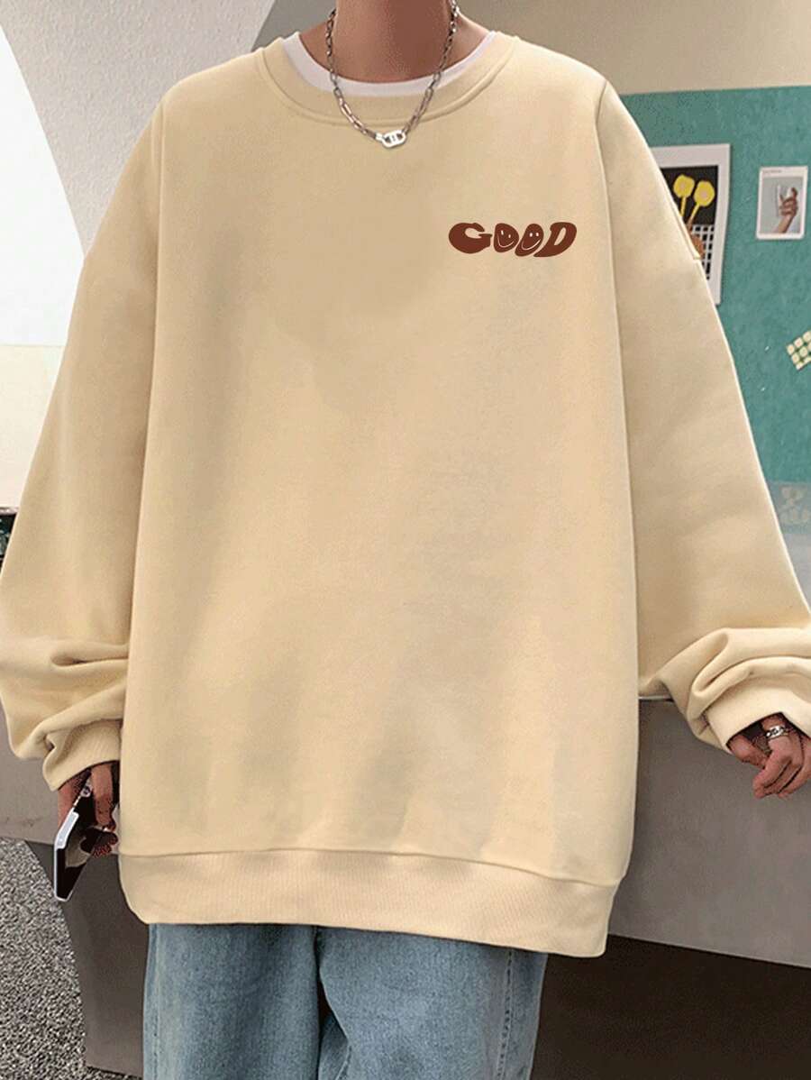 Manfinity Hypemode Loose Fit Men's Slogan & Cartoon Face Print Drop Shoulder Pullover - Apricot - View 1