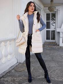 EURMUSE Flap Pocket Button Up Hooded Puffer Vest Coat - White - View 6