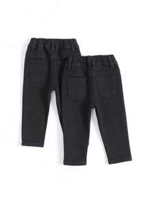Baby Girl 2pcs Solid Single Button Jeans - Black - View 2