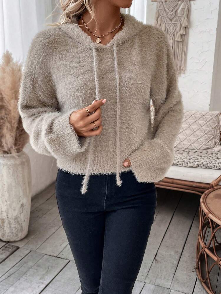 Drop Shoulder Drawstring Hooded Knit Pullover Fall Winter Sweater