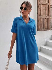 SHEIN LUNE Solid Drop Shoulder Tee Dress - Blue - View 4