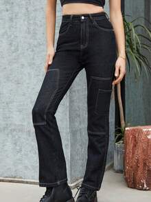 Vaqueros Acampanados Con Costuras Superiores - Negro - Ver 3