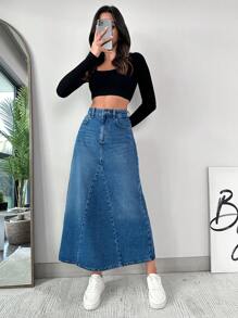 EURMUSE High Waist Slant Pocket Denim Skirt - Blue - View 3