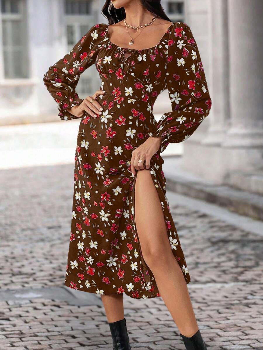 Breezaya Floral Print Knot Front Split Thigh Dress - Rust Brown - View 1