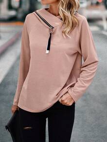 SHEIN LUNE 拉鏈細節插肩袖連帽衫 - 粉色 - 查看 4