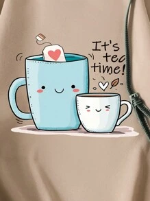 SHEIN LUNE Đồ họa Hoạt hình Lót nhiệt Áo nỉ - Màu Khaki - Xem 3