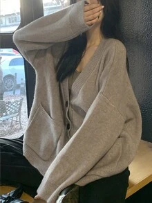 女士纯色口袋休闲宽松针织开衫，秋冬 - 杏色 - 查看 3