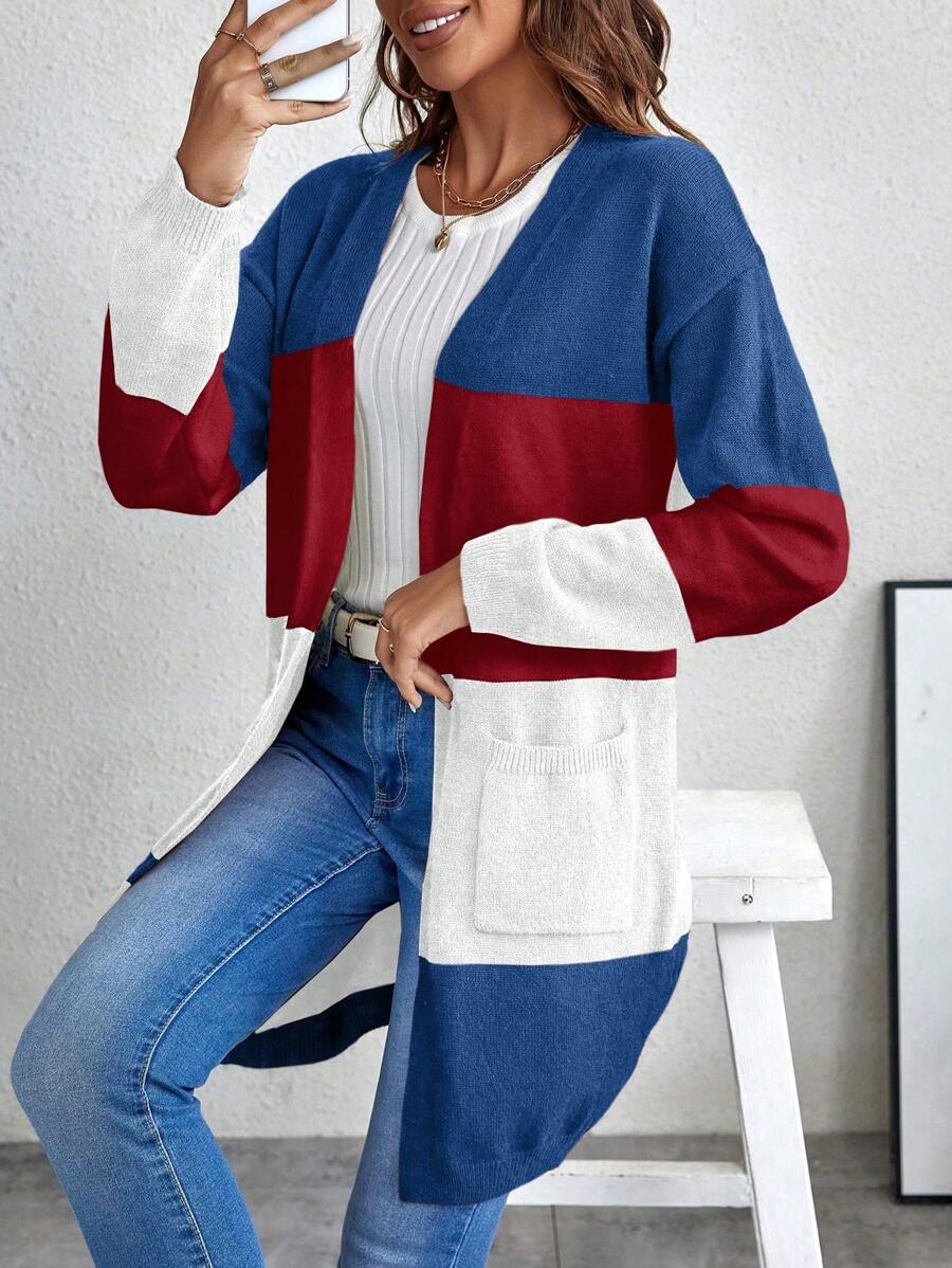 SHEIN LUNE Áo khoác cardigan dáng dài hai túi màu khối - Đỏ - Xem 1