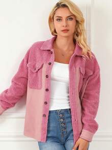 Acelitt Flap Pocket Drop Shoulder Teddy Coat - Pink - View 5