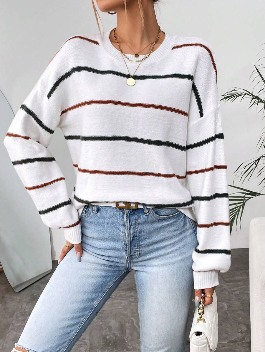 SHEIN LUNE Jersey con patrón de rayas de hombros caídos - Blanco - Ver 1