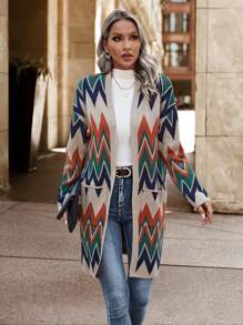 SHEIN Frenchy 人字形图案双口袋落肩开衫 - 彩色 - 查看 4