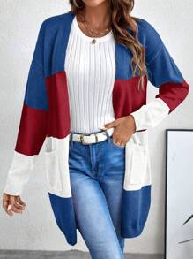 SHEIN LUNE Áo khoác cardigan dáng dài hai túi màu khối - Đỏ - Xem 4