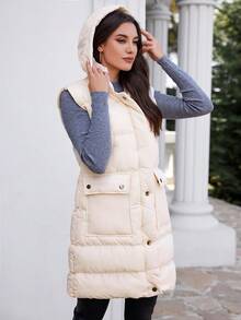 EURMUSE Flap Pocket Button Up Hooded Puffer Vest Coat - White - View 5