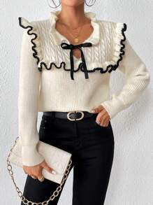 Pariaura 撞色荷叶边系带毛衣，长袖针织套头衫，秋冬毛衣 - 米色 - 查看 4