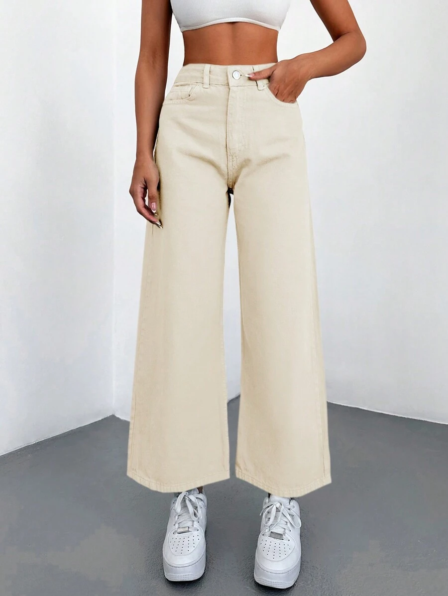 EURMUSE 休闲纯色阔腿牛仔裤