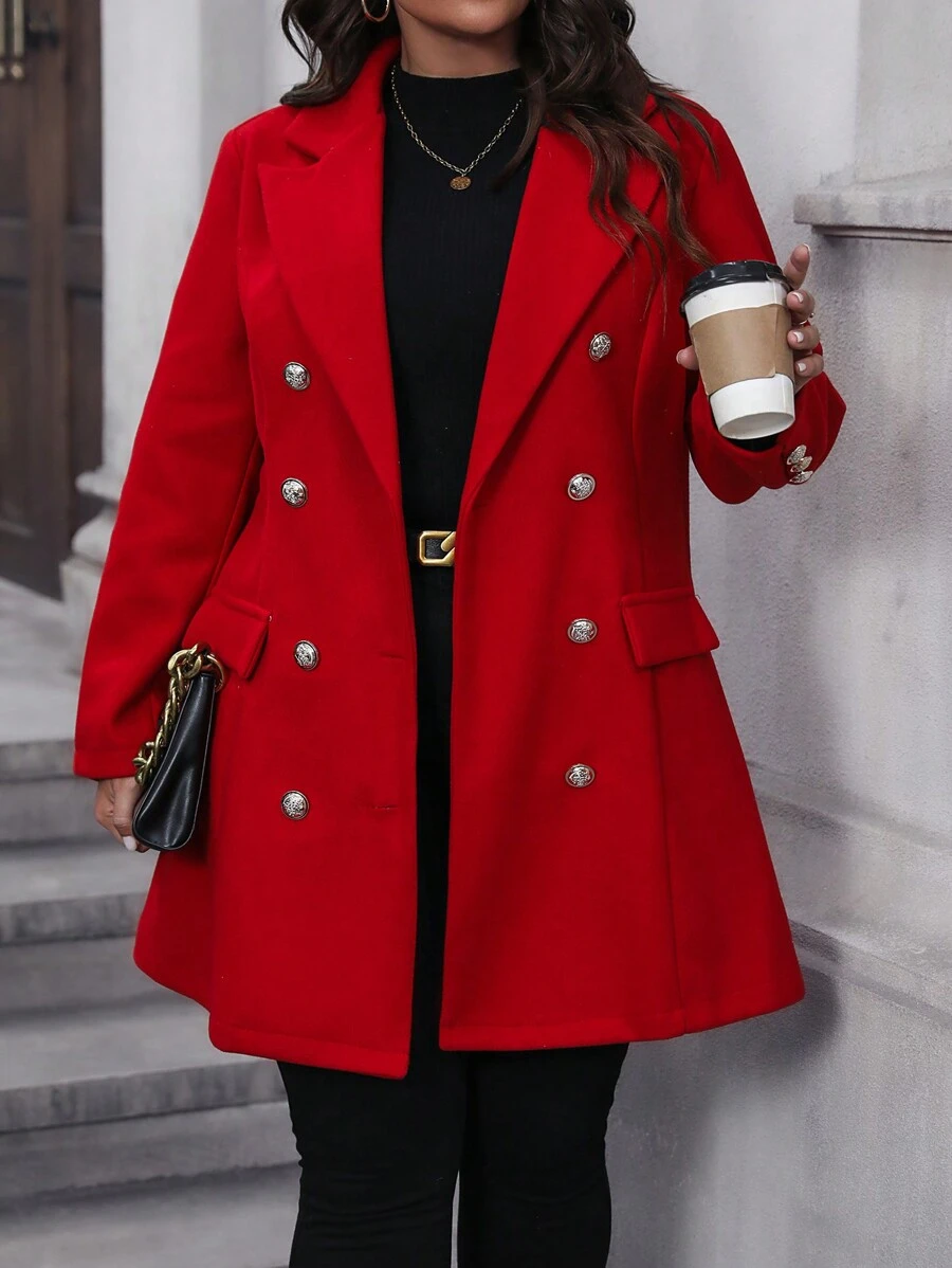 SHEIN Clasi 大碼聖誕西裝領雙排釦花呢外套 - 紅色 - 查看 1
