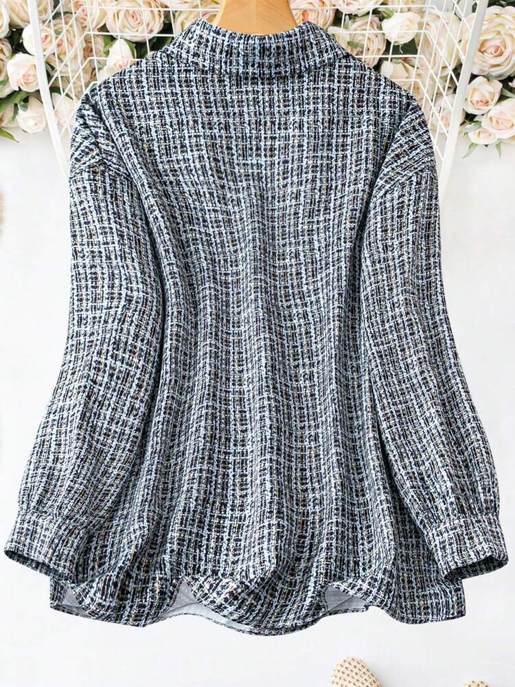 Plus Plaid Print Drop Shoulder Button Front Coat