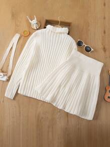 SHEIN Tween Girl Turtleneck Ribbed Knit Sweater & Pleated Skirt - Apricot - View 2