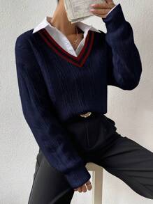 Chiquease Striped Trim Drop Shoulder Cable Knit Sweater Without Blouse,Long Sleeve Tops Knit Pullover Fall Winter Sweater - Royal Blue - View 6