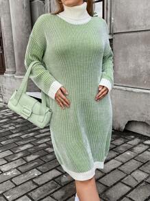 Mulvari Plus Striped Pattern Turtleneck Drop Shoulder Sweater Dress - Multicolor - View 3