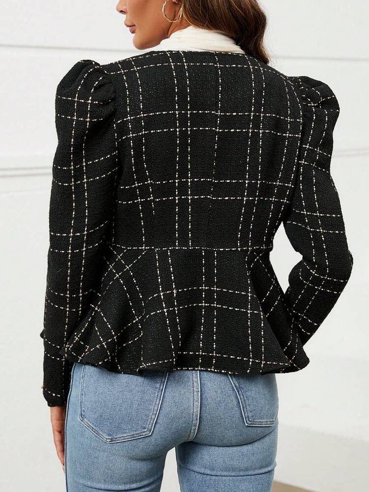 Plaid Print Gigot Sleeve Peplum Coat