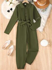 Teen Girl Solid Belted Shirt Jumpsuit