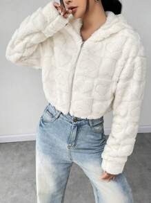 SHEIN Unity Thả vai Dây kéo áo có mũ Mùa vụ Áo Teddy Jackets - trắng - Xem 6