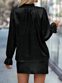 SHEIN Clasi 素色喇叭袖小高領襯衫 - 黑色 - 查看 2