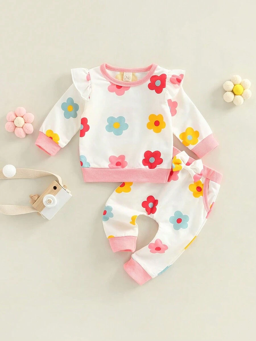 2件組女嬰花卉全印花荷葉邊撞色鎖邊運動套裝,配前蝴蝶結運動褲,柔軟、舒適、透氣 - 彩色 - 查看 1