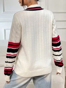 SHEIN EZwear 條紋飾邊麻花編織套頭毛衣 - 杏色 - 查看 2