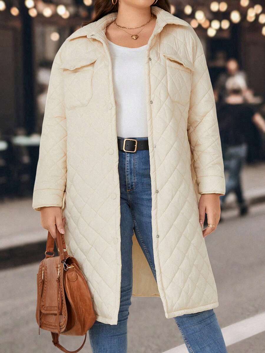 SHEIN LUNE Plus Flap Pocket Drop Shoulder Quilted Coat - Apricot - View 1