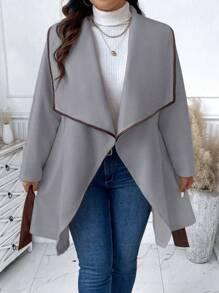 Celure Plus Waterfall Collar Contrast Binding Belted Overcoat - Grey - View 7