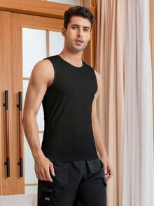Men Solid Ribbed Knit Lounge Tank Top - Black - View 4