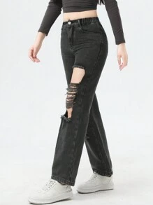 青少年女孩破洞直筒牛仔褲 - 深灰色 - 查看 4
