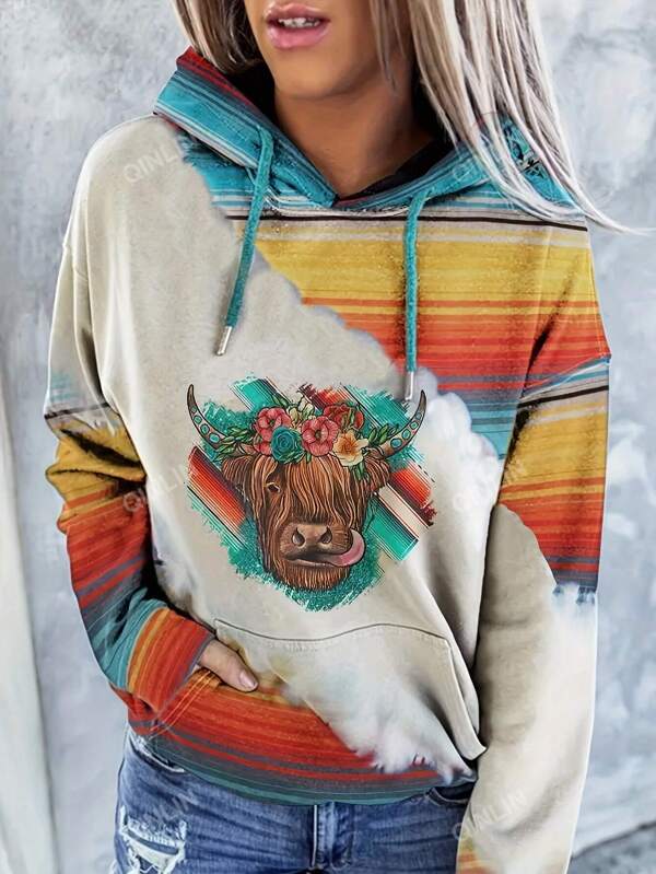 Bull Graphic Kangaroo Pocket Drop Shoulder Drawstring Hoodie,Long Sleeve Tops