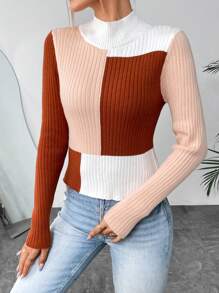 SHEIN LUNE Suéter de cuello alto de punto acanalado con bloques de color para otoño e invierno - Multicolor - Ver 6