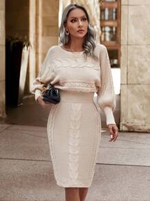 Ellegaria. Cable Knit Lantern Sleeve Sweater Dress Fall Cloth For Women - Apricot - View 3