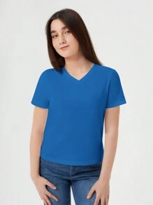 RueChic Teen Girl Solid V Neck Tee - Blue - View 4