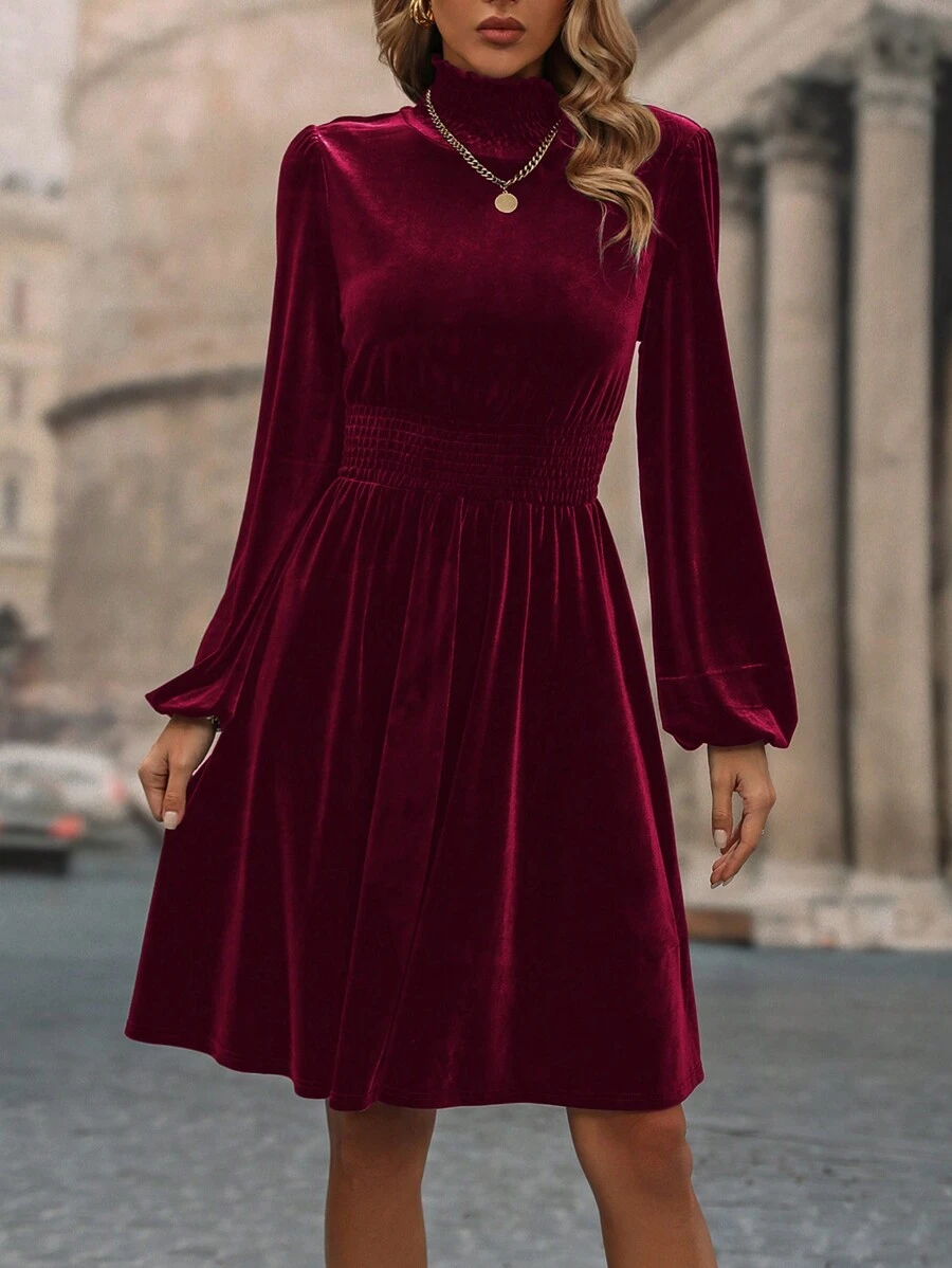 SHEIN Clasi 高领灯笼袖连衣裙 酒红色 女装 - 酒紅色 - 查看 1