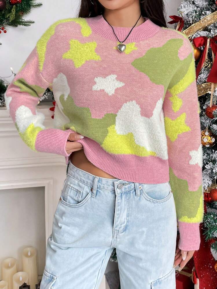 Graphic Pattern Drop Shoulder Knit Pullover Fall Winter Sweater
