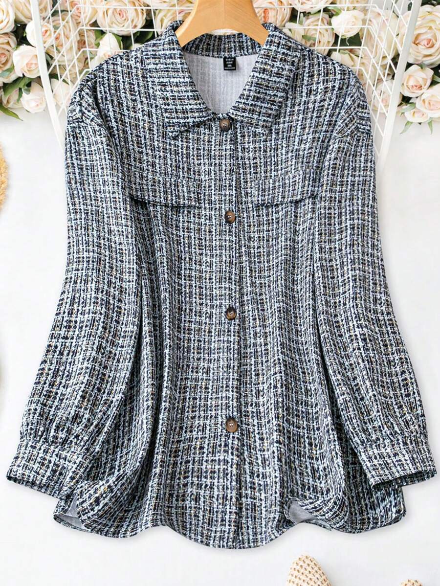 SHEIN LUNE Plus Plaid Print Drop Shoulder Button Front Coat - Multicolor - View 1