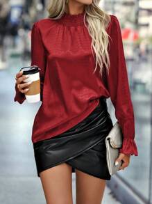 SHEIN Clasi 褶邊領荷葉袖襯衫 - 紅色 - 查看 1